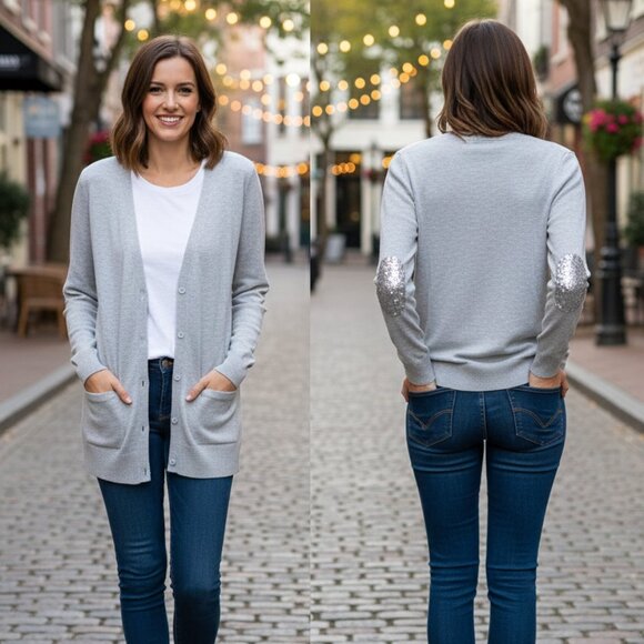 Old Navy Gray Button Front Cardigan with Sequin Elbow Patches Size M EUC - Picture 1 of 6